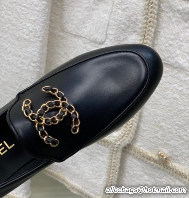 Discount Chanel Lambskin Loafers with Chain CC G39438 Black