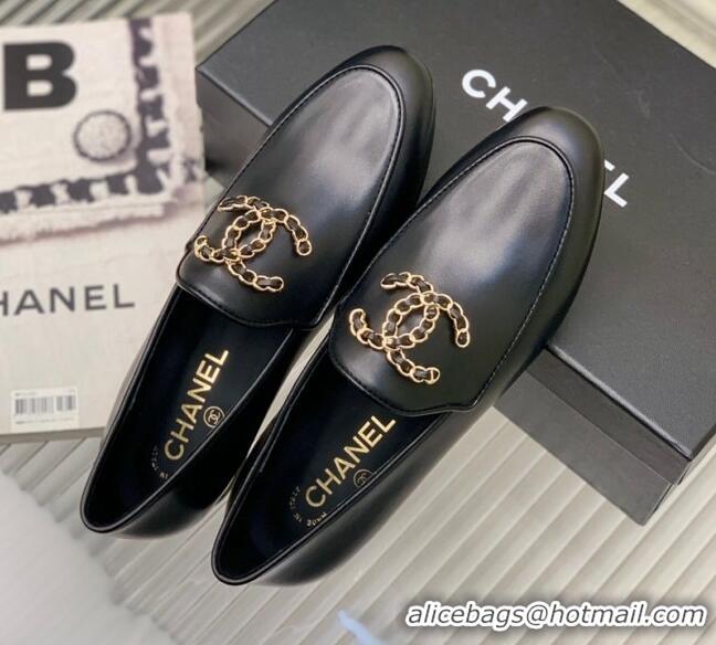 Discount Chanel Lambskin Loafers with Chain CC G39438 Black