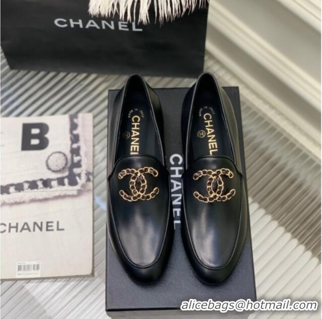 Discount Chanel Lambskin Loafers with Chain CC G39438 Black