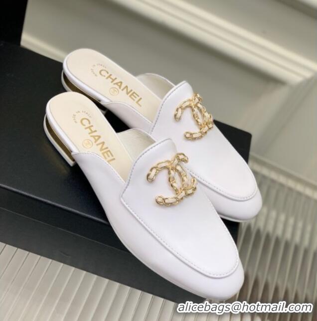 Good Quality Chanel Lambskin Mules with Chain CC G39438 White