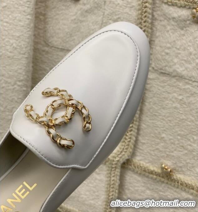 Good Quality Chanel Lambskin Mules with Chain CC G39438 White