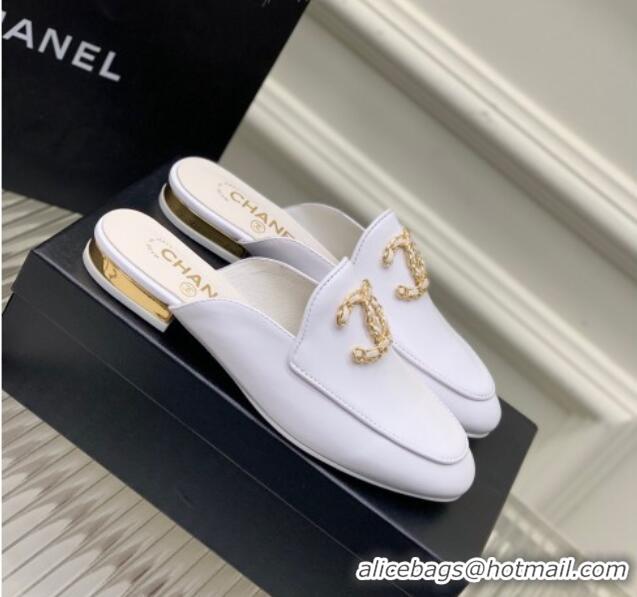 Good Quality Chanel Lambskin Mules with Chain CC G39438 White