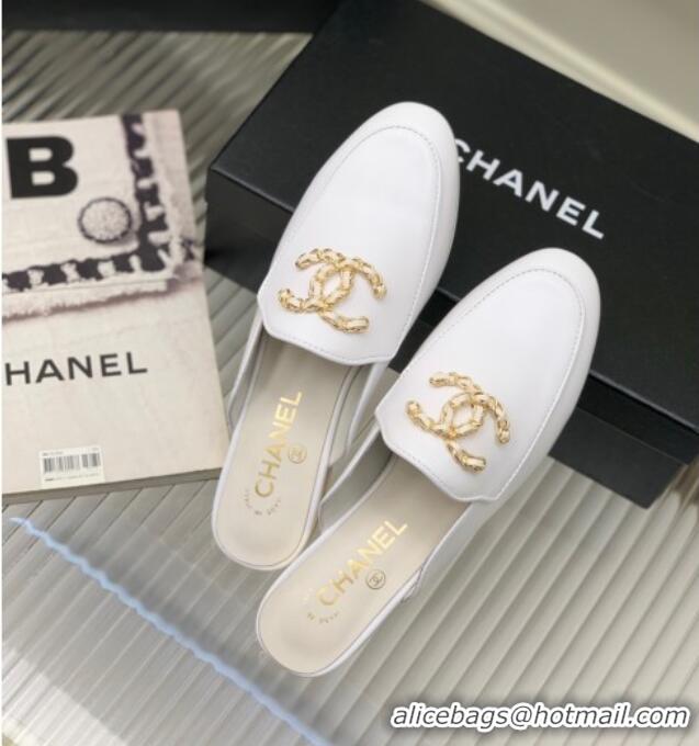 Good Quality Chanel Lambskin Mules with Chain CC G39438 White