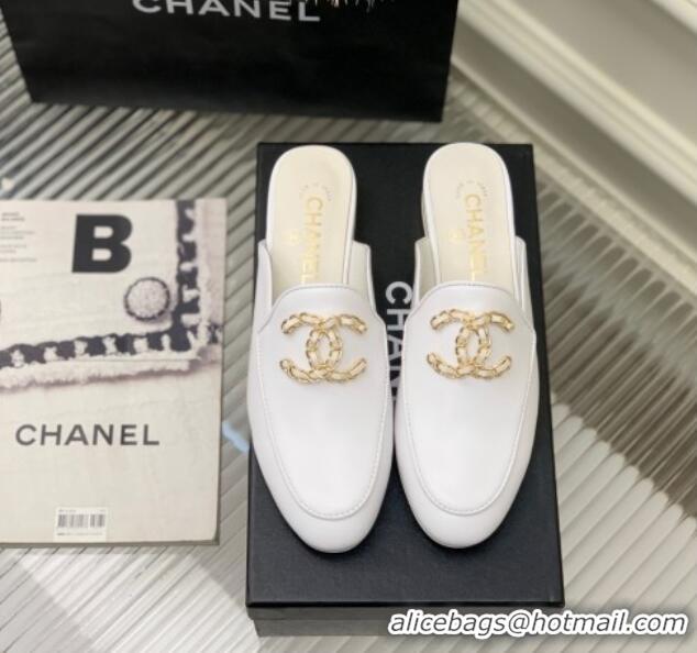 Good Quality Chanel Lambskin Mules with Chain CC G39438 White