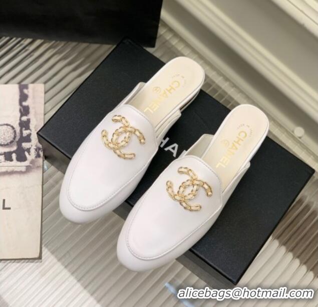 Good Quality Chanel Lambskin Mules with Chain CC G39438 White