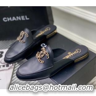 Top Grade Chanel Lambskin Mules with Chain CC G39438 Black