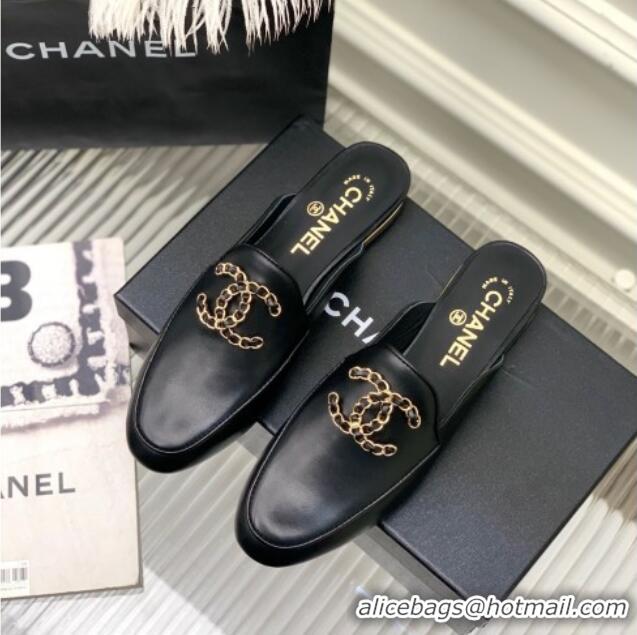 Top Grade Chanel Lambskin Mules with Chain CC G39438 Black