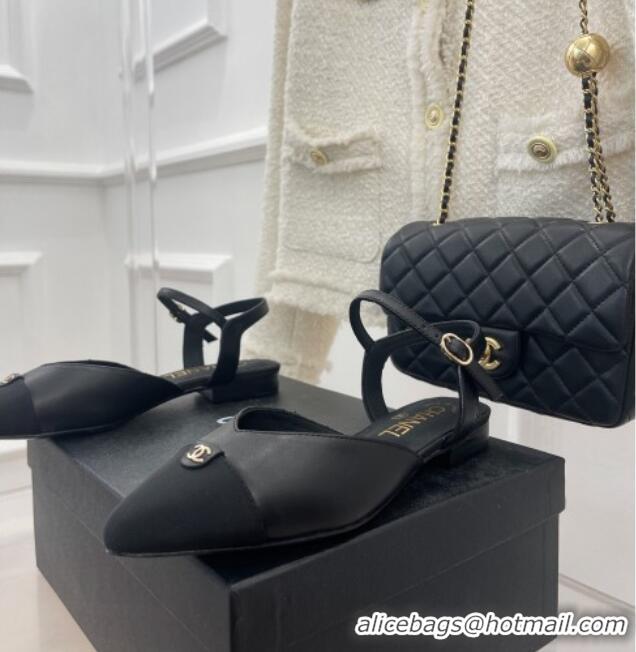 Unique Style Chanel Lambskin Flat Sandals with CC Tag Black 122239