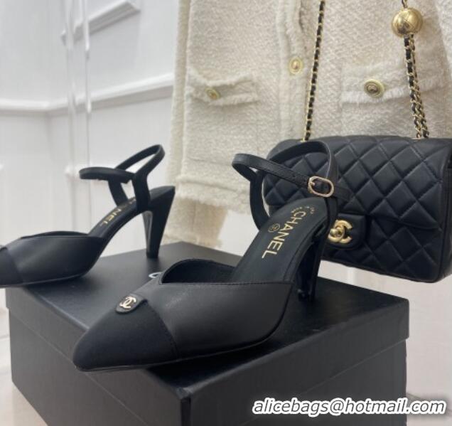 Popular Style Chanel Lambskin Medium Heel Sandals with CC Tag 7cm Black 122242 