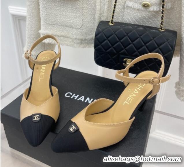 Pretty Style Chanel Lambskin Medium Heel Sandals with CC Tag 7cm Beige 122243