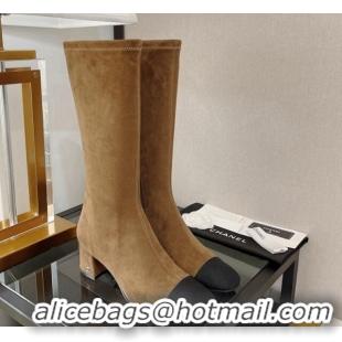 Good Looking Chanel Classic Suede and Grosgrain High Boot 5cm Brown 122245