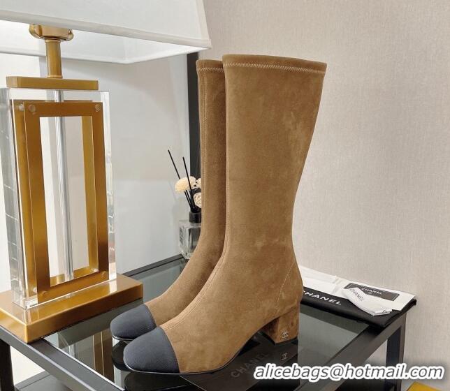 Good Looking Chanel Classic Suede and Grosgrain High Boot 5cm Brown 122245