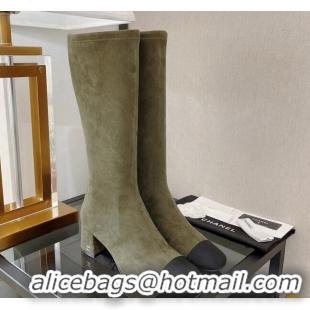 Top Design Chanel Classic Suede and Grosgrain High Boot 5cm Green 122246