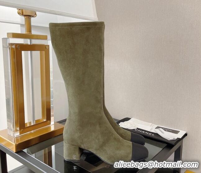 Top Design Chanel Classic Suede and Grosgrain High Boot 5cm Green 122246