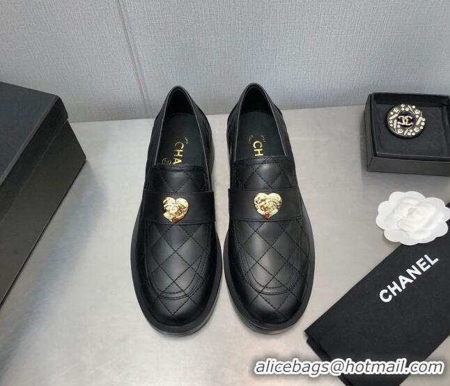 Good Quality Chanel Quilted Calfskin Loafers with Love Charm 6cm G39697 Black