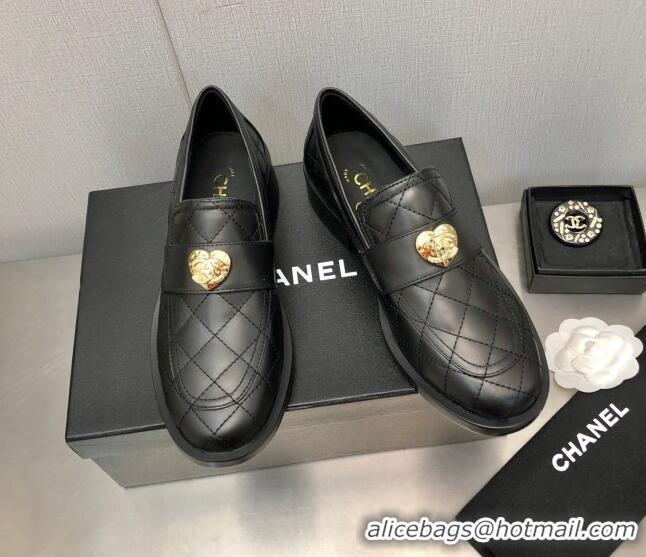 Good Quality Chanel Quilted Calfskin Loafers with Love Charm 6cm G39697 Black