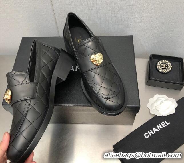 Good Quality Chanel Quilted Calfskin Loafers with Love Charm 6cm G39697 Black