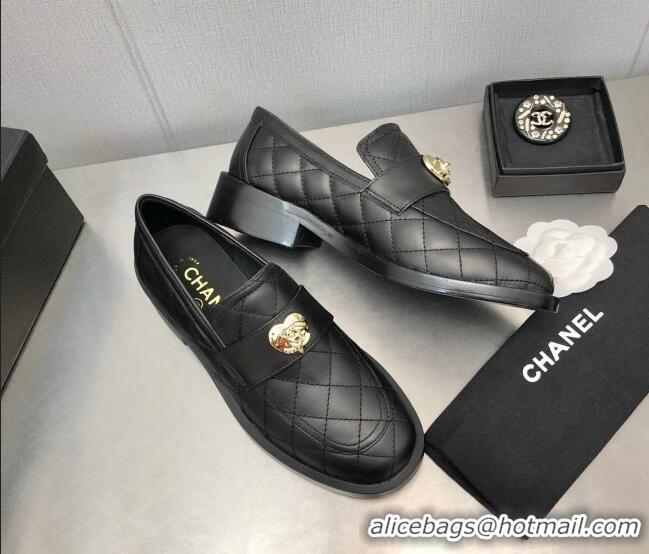 Good Quality Chanel Quilted Calfskin Loafers with Love Charm 6cm G39697 Black