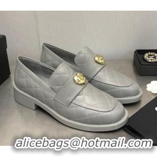 Top Grade Chanel Quilted Calfskin Loafers with Love Charm 6cm G39697 Grey