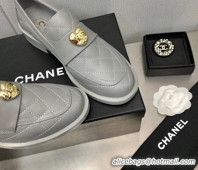 Top Grade Chanel Quilted Calfskin Loafers with Love Charm 6cm G39697 Grey