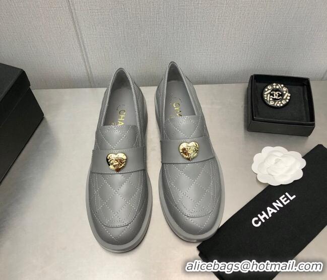 Top Grade Chanel Quilted Calfskin Loafers with Love Charm 6cm G39697 Grey