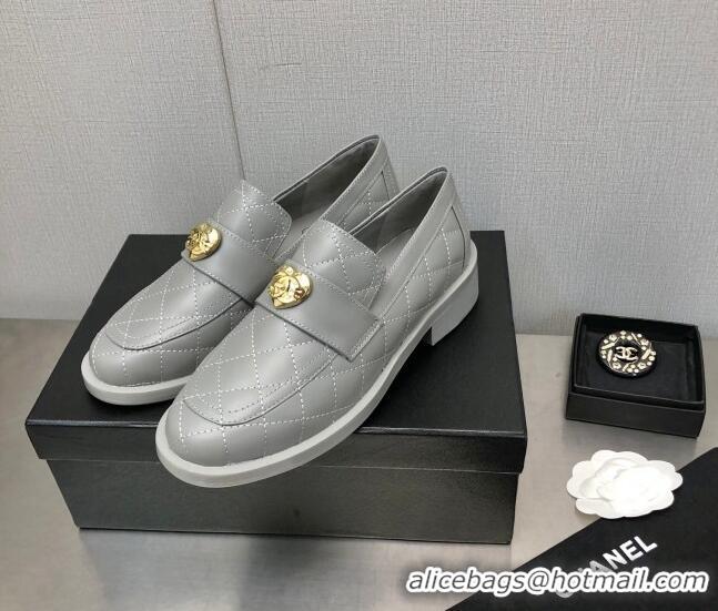 Top Grade Chanel Quilted Calfskin Loafers with Love Charm 6cm G39697 Grey