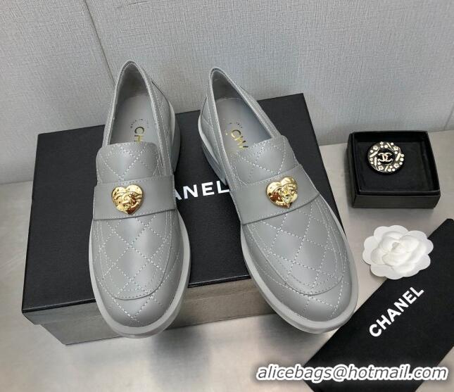 Top Grade Chanel Quilted Calfskin Loafers with Love Charm 6cm G39697 Grey