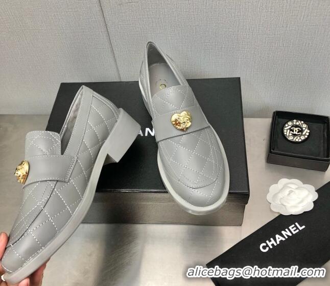 Top Grade Chanel Quilted Calfskin Loafers with Love Charm 6cm G39697 Grey