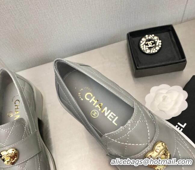 Top Grade Chanel Quilted Calfskin Loafers with Love Charm 6cm G39697 Grey