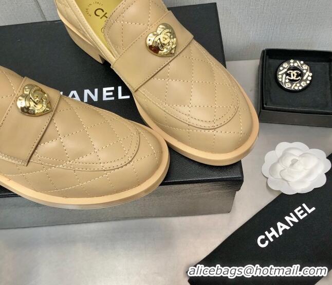 Grade Quality Chanel Quilted Calfskin Loafers with Love Charm 6cm G39697 Beige