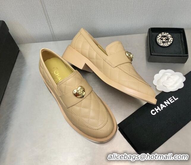 Grade Quality Chanel Quilted Calfskin Loafers with Love Charm 6cm G39697 Beige