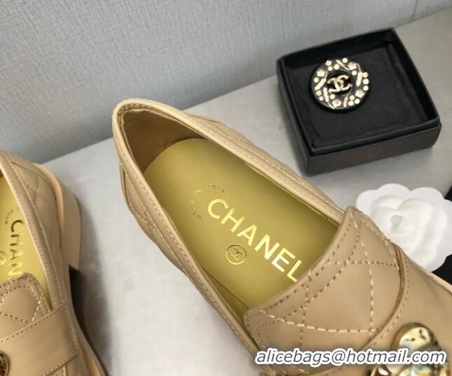 Grade Quality Chanel Quilted Calfskin Loafers with Love Charm 6cm G39697 Beige