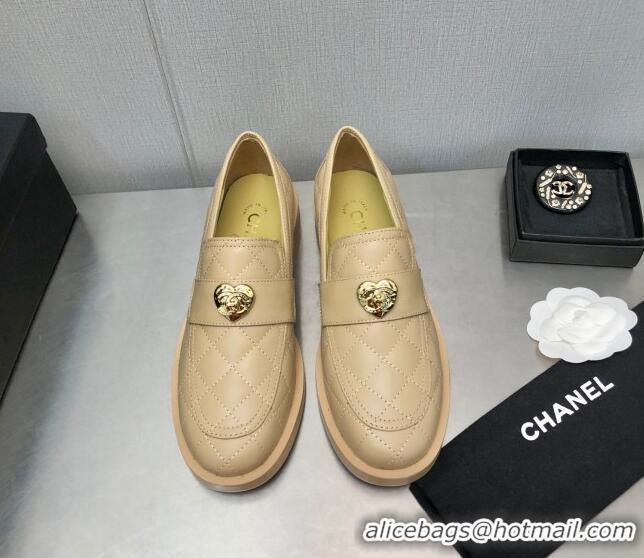 Grade Quality Chanel Quilted Calfskin Loafers with Love Charm 6cm G39697 Beige