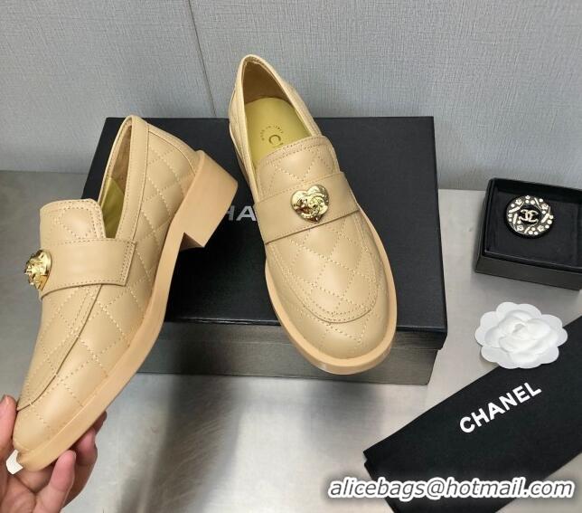 Grade Quality Chanel Quilted Calfskin Loafers with Love Charm 6cm G39697 Beige