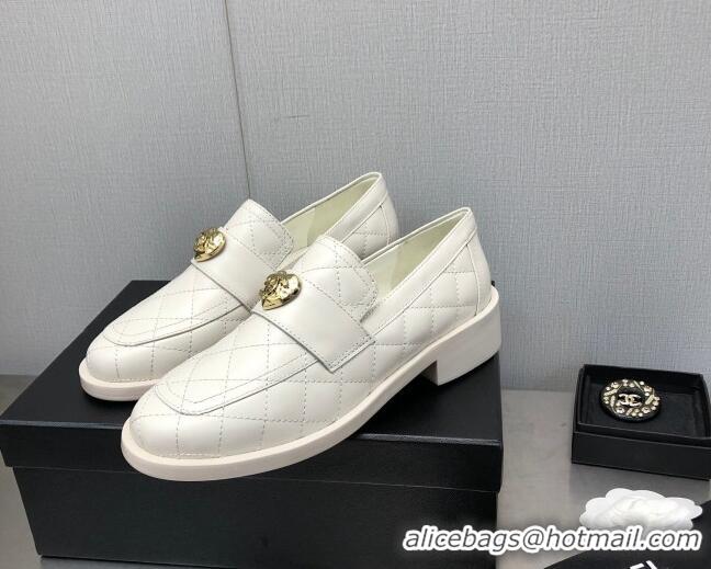 Best Grade Chanel Quilted Calfskin Loafers with Love Charm 6cm G39697 White