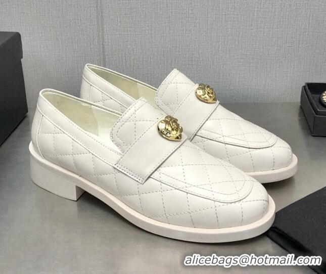 Best Grade Chanel Quilted Calfskin Loafers with Love Charm 6cm G39697 White