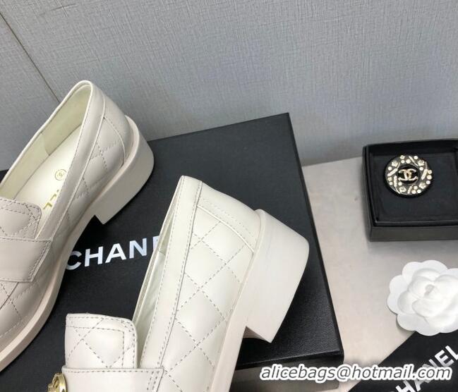 Best Grade Chanel Quilted Calfskin Loafers with Love Charm 6cm G39697 White