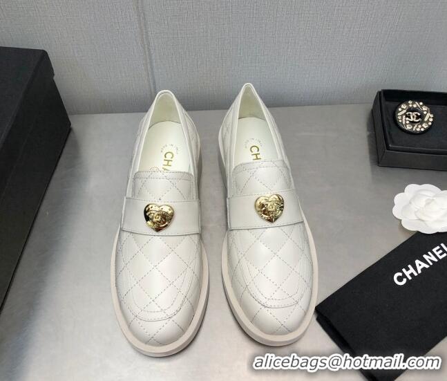 Best Grade Chanel Quilted Calfskin Loafers with Love Charm 6cm G39697 White