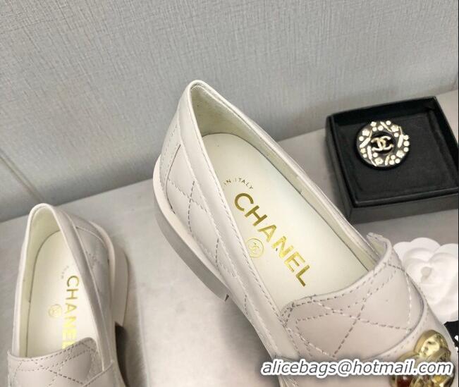 Best Grade Chanel Quilted Calfskin Loafers with Love Charm 6cm G39697 White