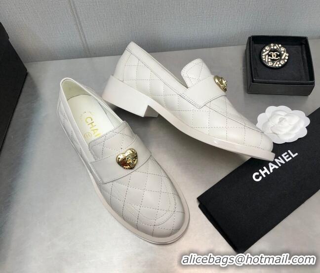 Best Grade Chanel Quilted Calfskin Loafers with Love Charm 6cm G39697 White