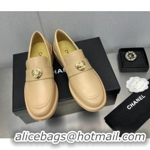 Low Price Chanel Calfskin Loafers with Love Charm 6cm G39697 Beige