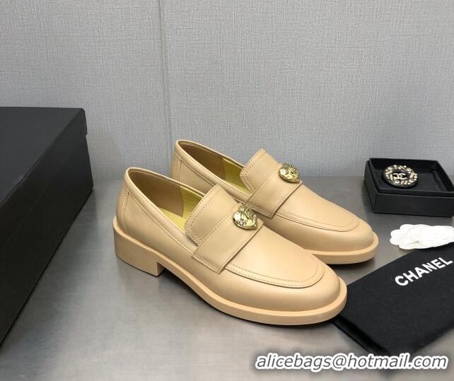 Low Price Chanel Calfskin Loafers with Love Charm 6cm G39697 Beige