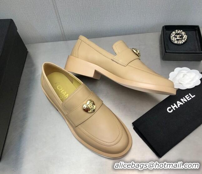 Low Price Chanel Calfskin Loafers with Love Charm 6cm G39697 Beige