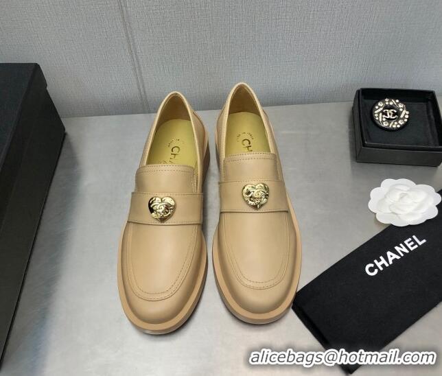 Low Price Chanel Calfskin Loafers with Love Charm 6cm G39697 Beige