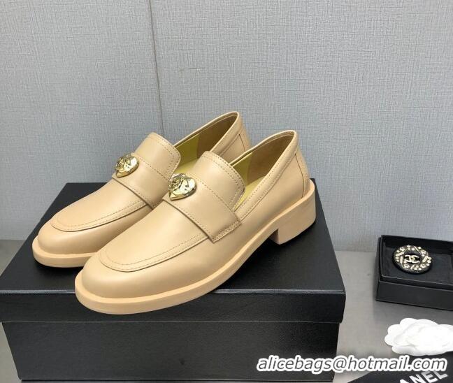 Low Price Chanel Calfskin Loafers with Love Charm 6cm G39697 Beige