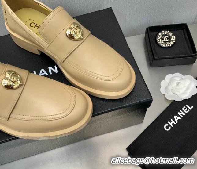 Low Price Chanel Calfskin Loafers with Love Charm 6cm G39697 Beige