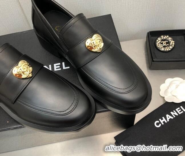 Good Quality Chanel Calfskin Loafers with Love Charm 6cm G39697 Black