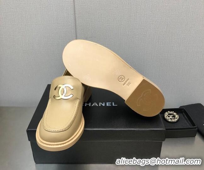 Best Product Chanel Shiny Calfskin Loafers with CC Charm 6cm G39602 Beige