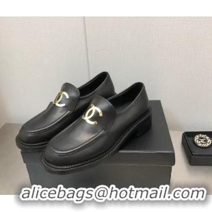 Trendy Design Chanel Shiny Calfskin Loafers with CC Charm 6cm G39602 Black 122264