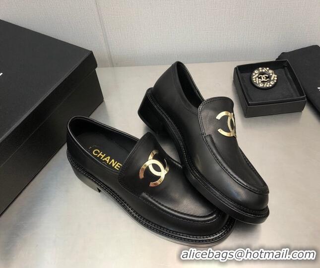 Trendy Design Chanel Shiny Calfskin Loafers with CC Charm 6cm G39602 Black 122264